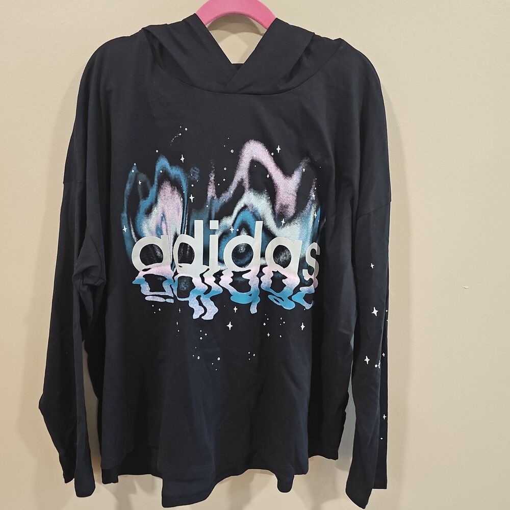 Adidas Girls Hooded T-shirt Size 16 XL Youth NWT Black Loose Fit